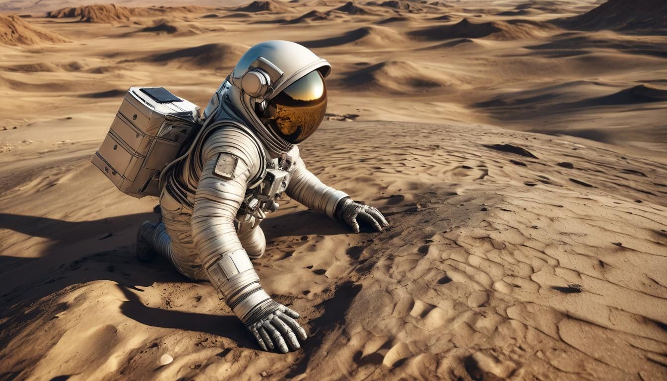 Astronaut Repairs Spaceship in Surreal Desert Landscape