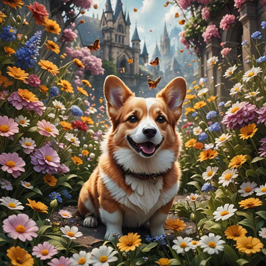 Adorable Corgi in a Field of Flowers