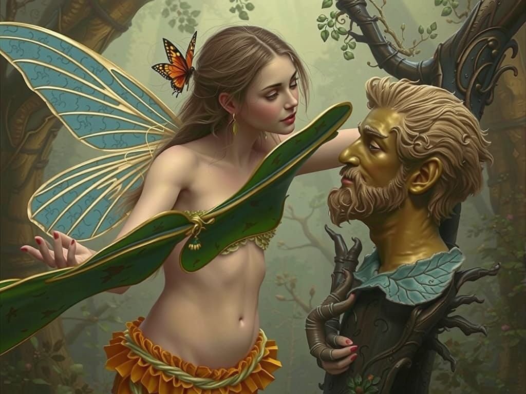 Blond Fairy Woman Statue in Lush Forest