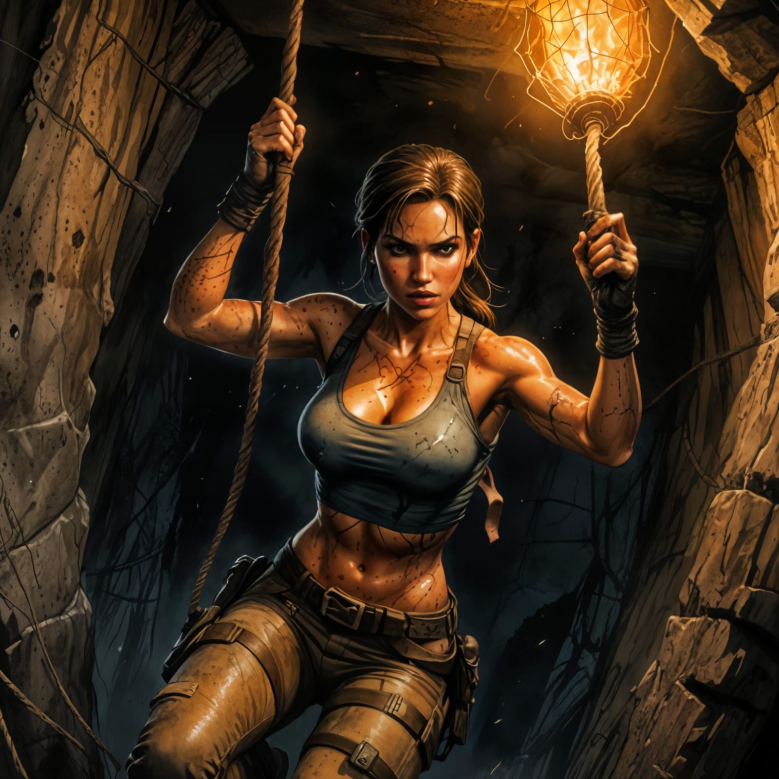 Lara Croft's Perilous Descent: Watercolor Adventure