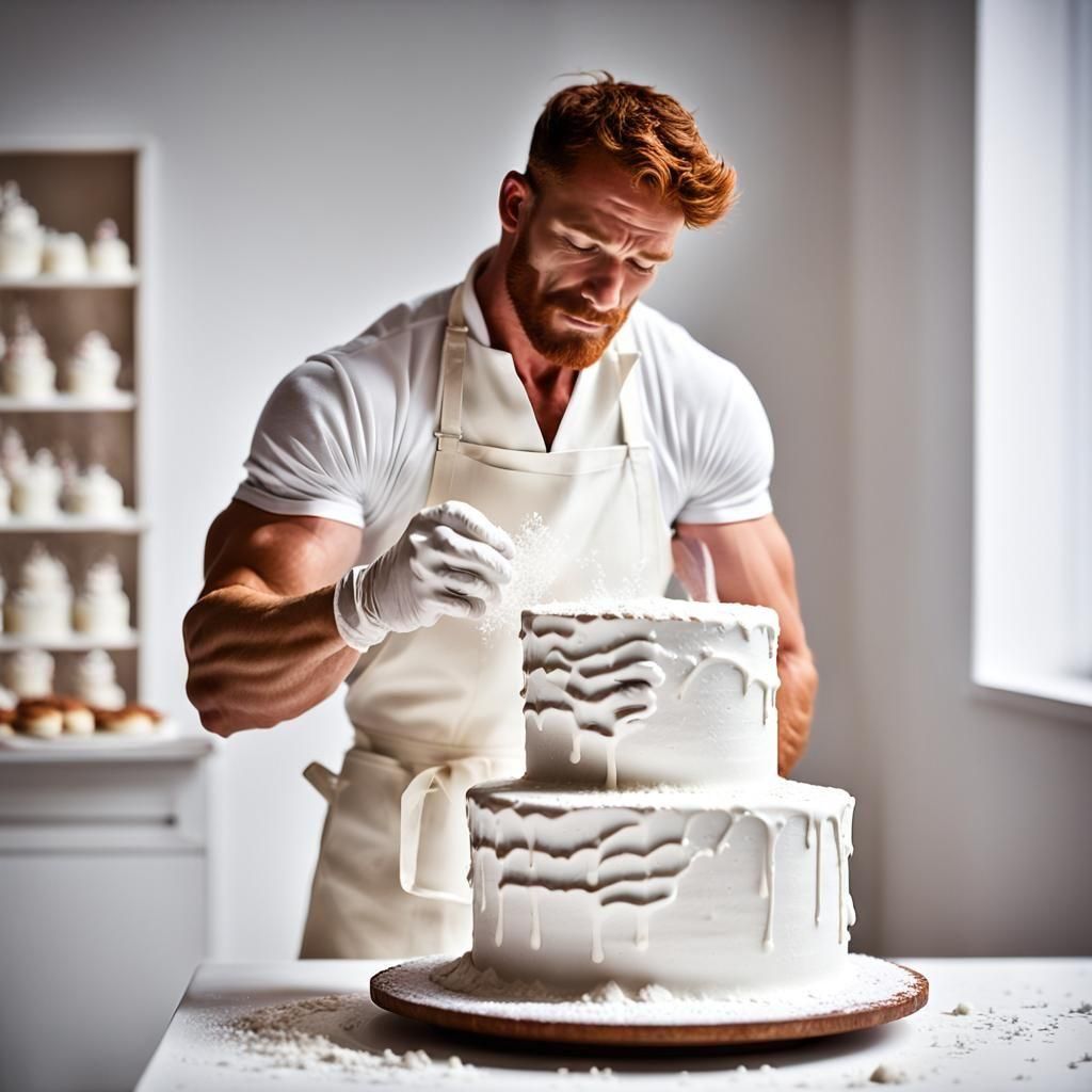 Bodybuilder Cook Decorates Birthday Cake in White Room