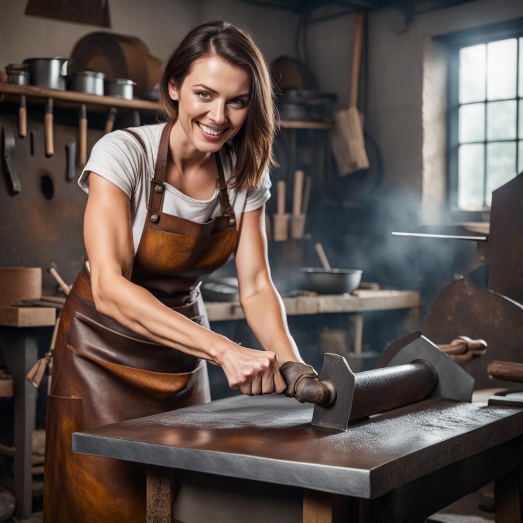 Brunette Woman Shaping Metal on Anvil: Photorealistic Art