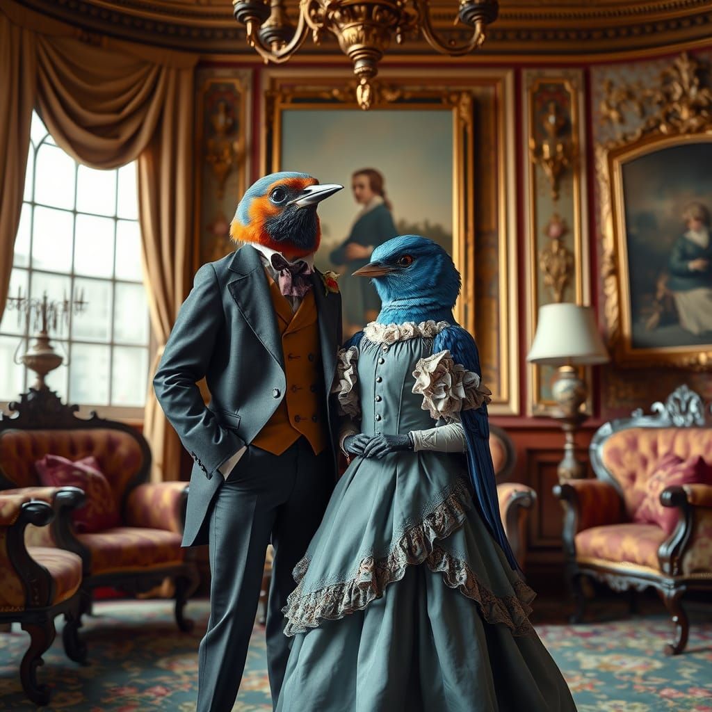 Anthropomorphic Birds in a Lavish Parlor, Photorealistic Sur...