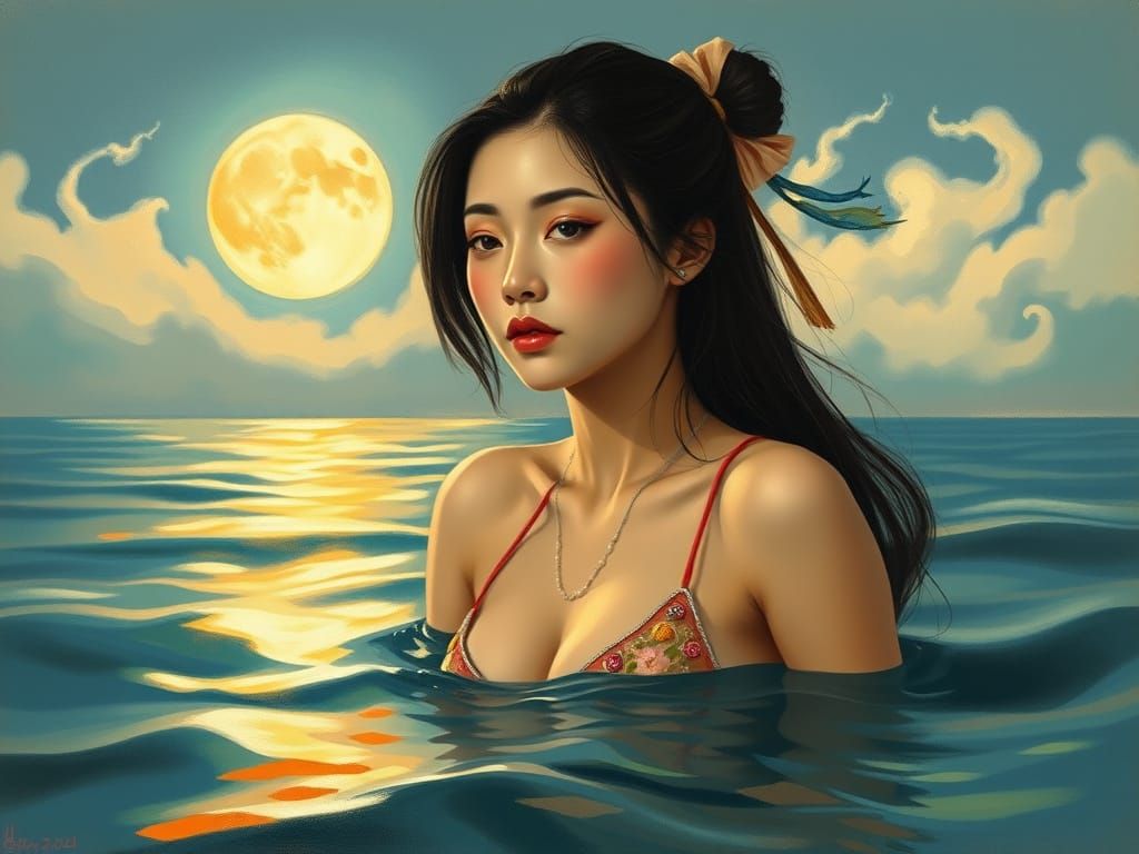 An aquapunk Chinese girl takes a dip in the sea. 3