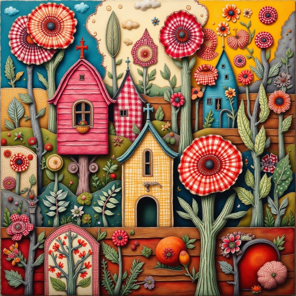 Vibrant Folk Art Collage With Stitched Textures