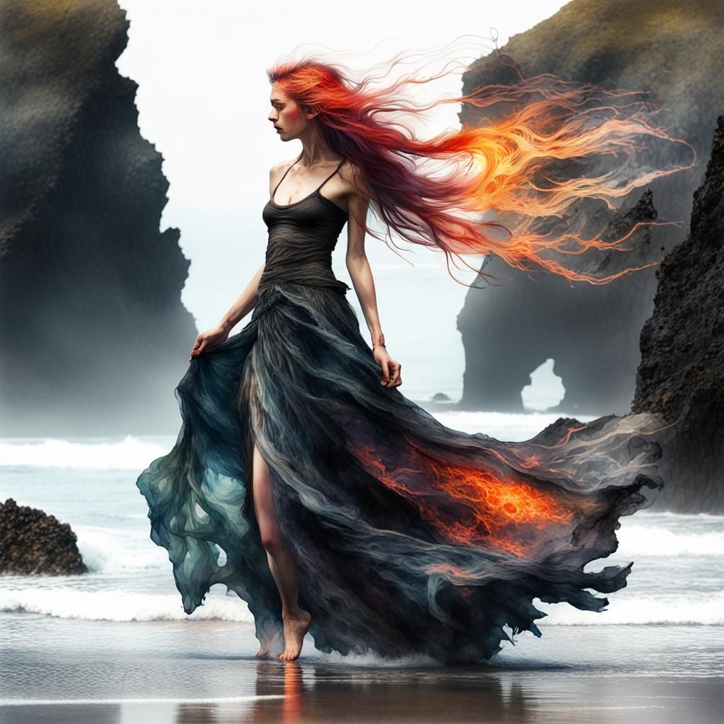 Witch's dance on the beach. Woman with long glowing lava hai...