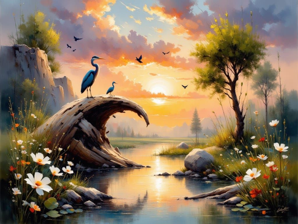 Fantasy River Landscape with Heron at Sunset