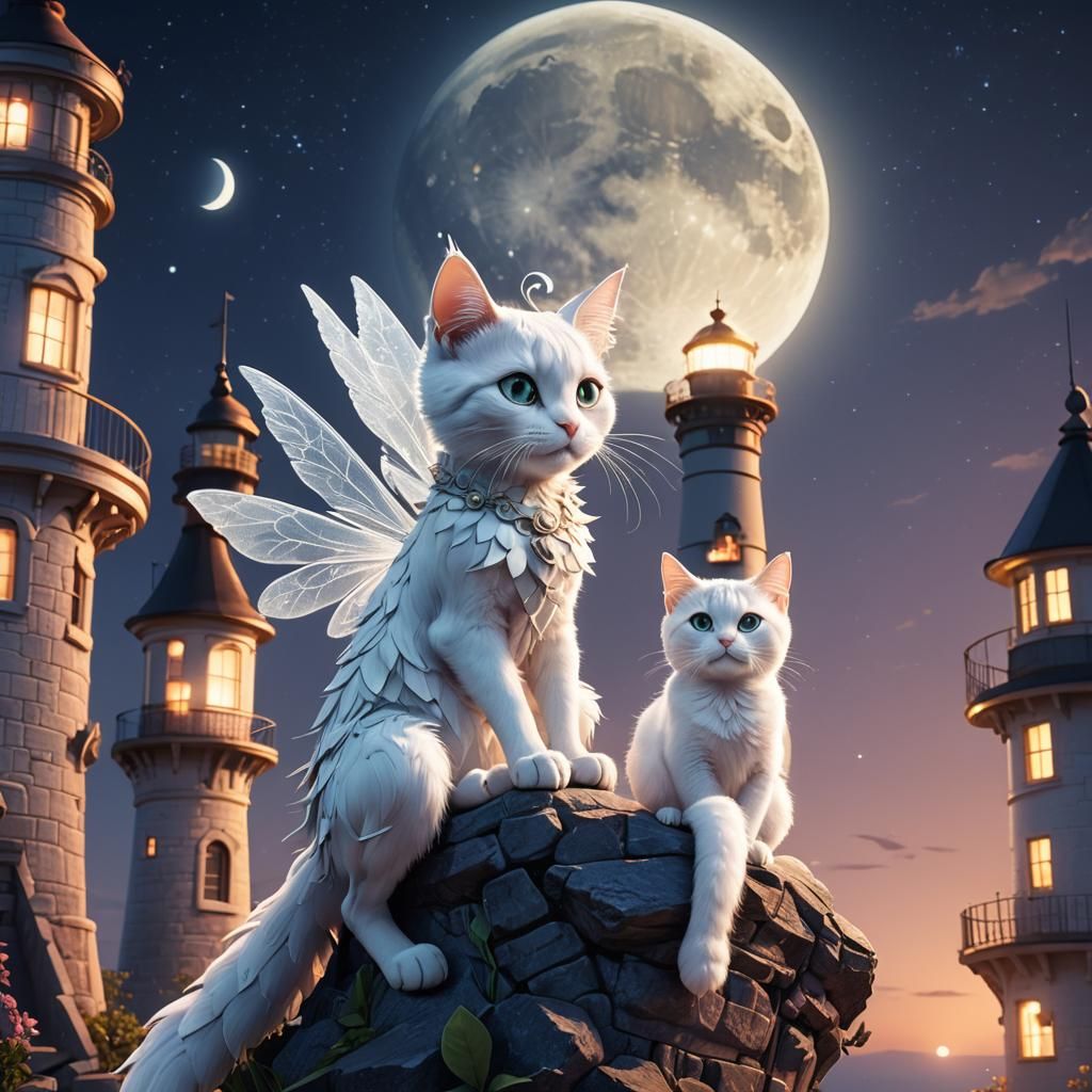 Ethereal Fairy and Cat on Lighthouse, 3D Digital Art