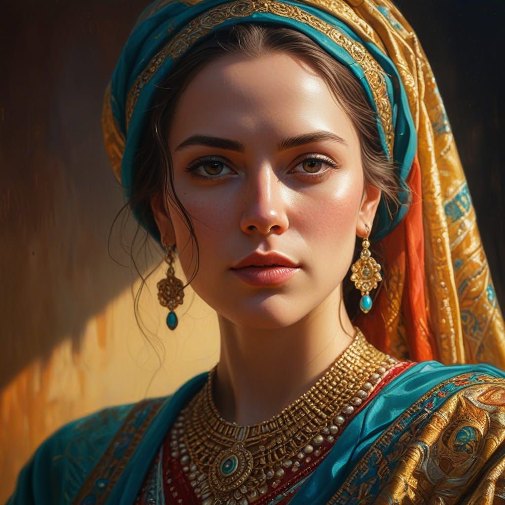 Hyperrealistic Oil Painting of Woman in Crimson and Turquois...