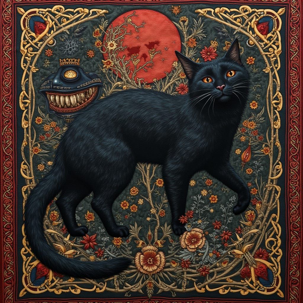 Medieval Gothic Tapestry Depicting Dark Celtic Cat Taking th...