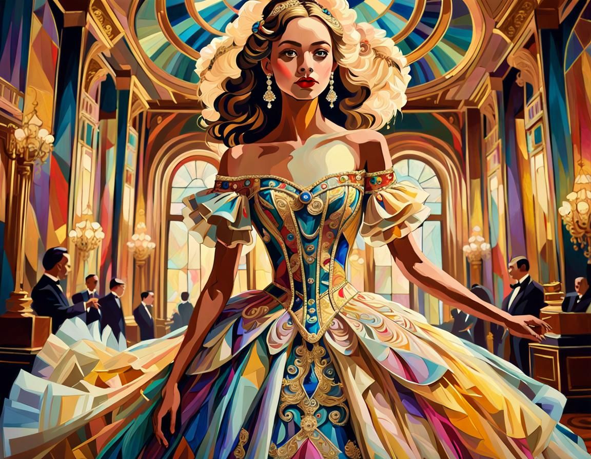 Princess in Victorian Dress: Expressionist Art Deco Oil Pain...