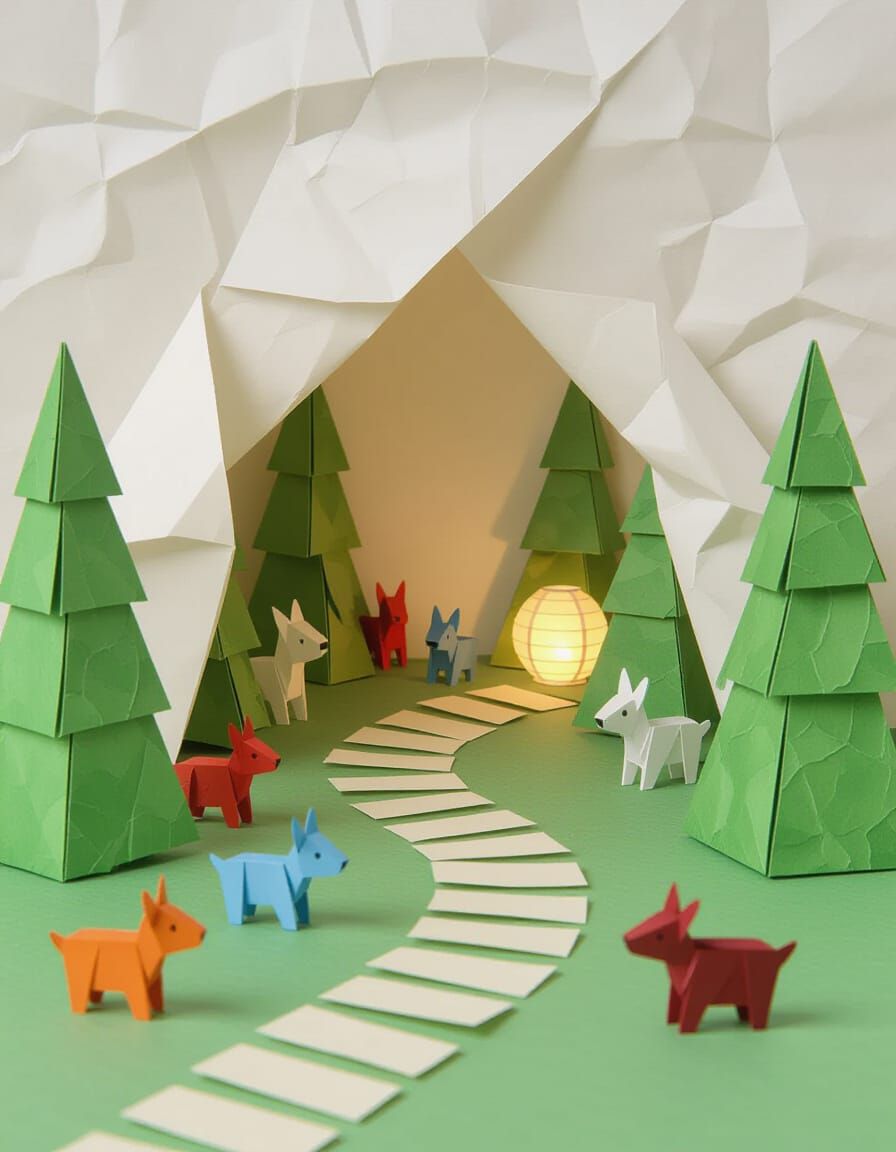 Miniature Paper Forest with Animals and Lantern