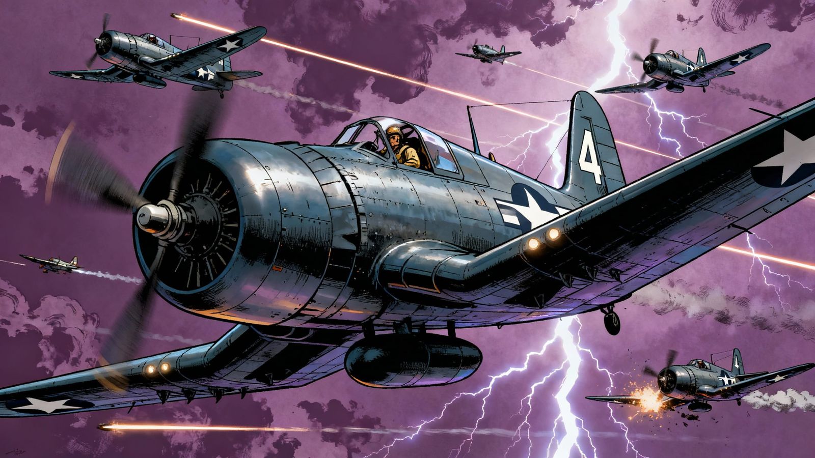 Vintage F4U Corsair Planes in Stormy Aerial Combat