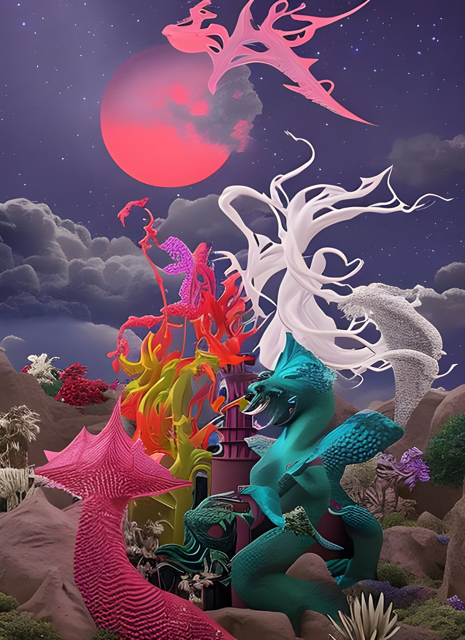 Futuristic Cityscape with Bizarre Creatures in Hyperreal Sty...