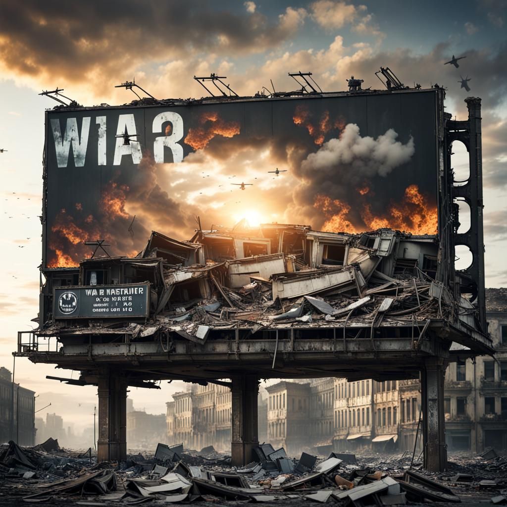 A billboard advertising world War 3. In the middle of an abandoned war torn city.