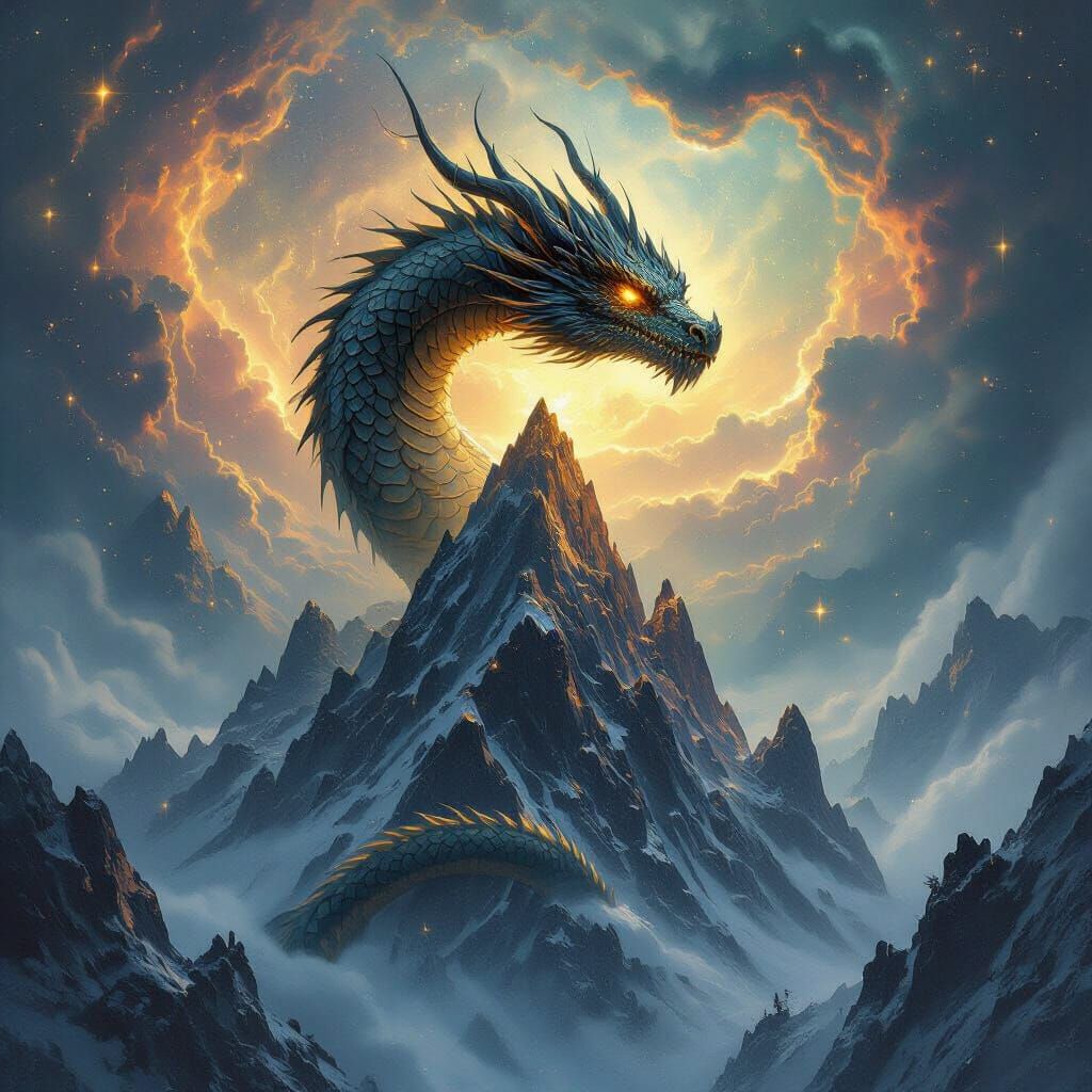 Ancient Obsidian Dragon on Crystal Mountain in Cosmic Nebula