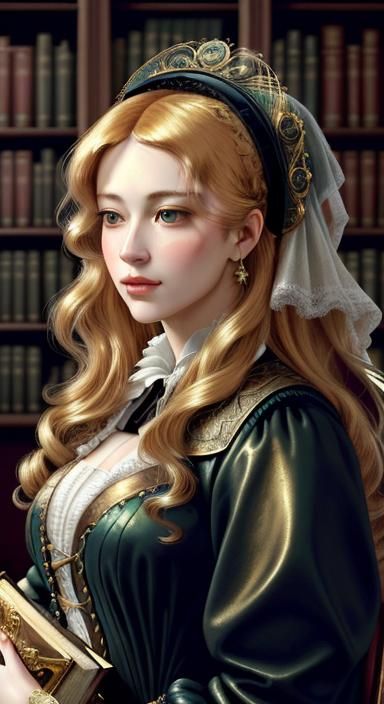 Cyborg Woman in Library, Baroque Mixed-Media Portrait