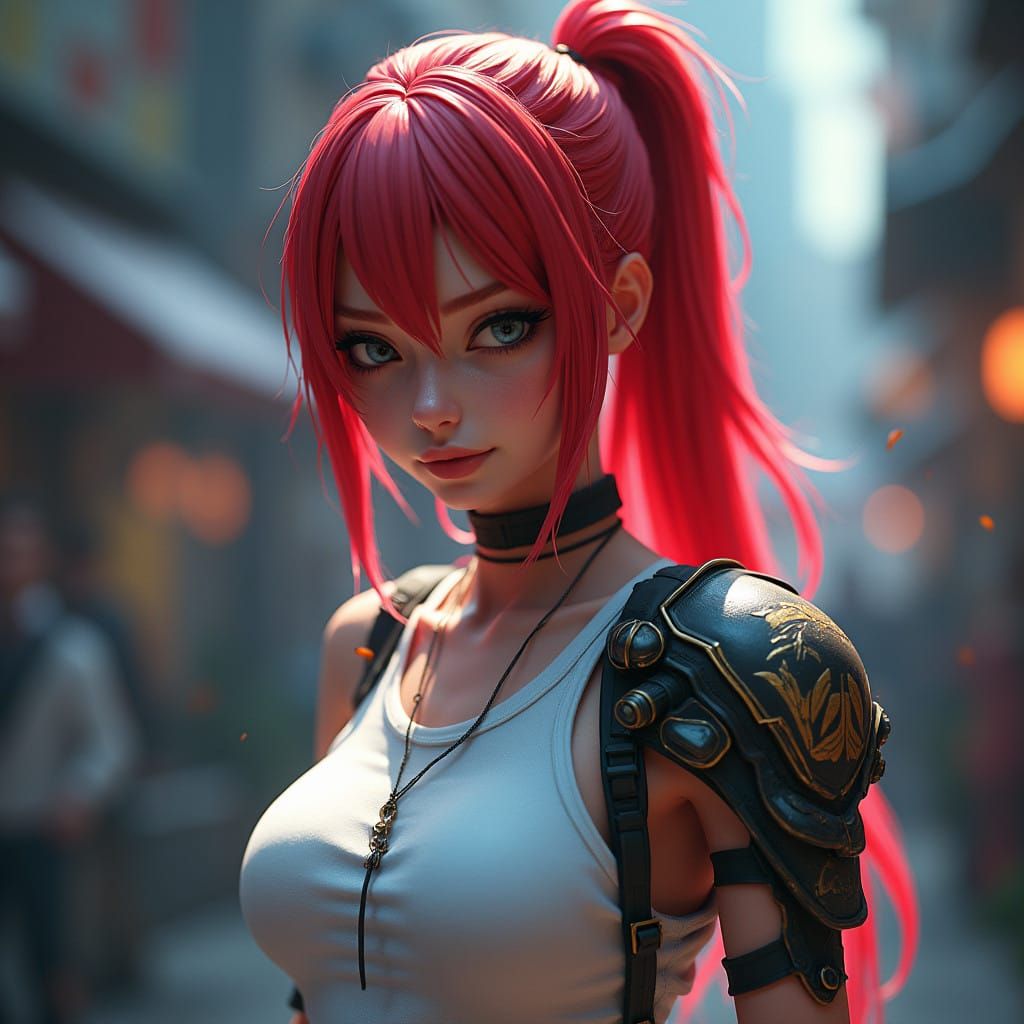 Cyberpunk Warrior in Vibrant Red and Chrome