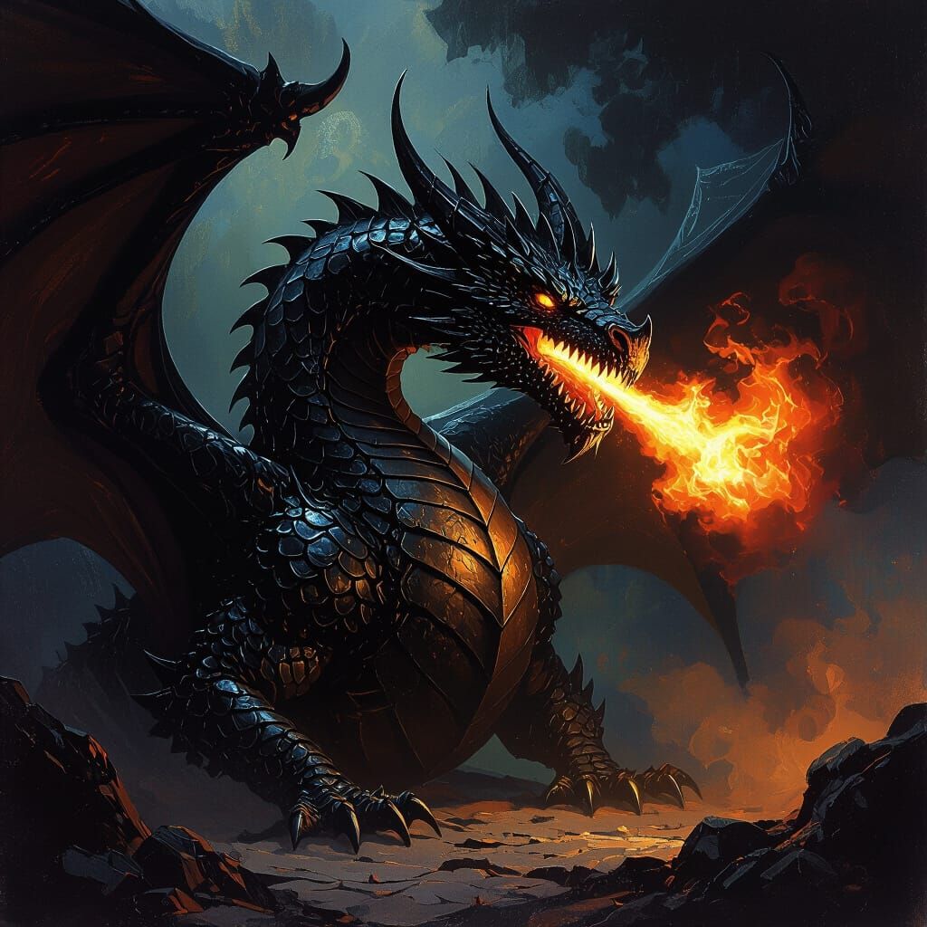 Wicked Dragon Breathing Fire in Fantasy Art Style