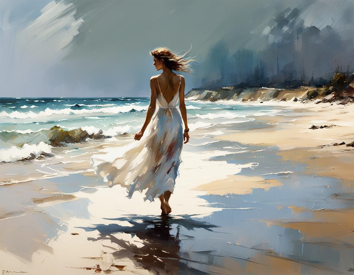 Girl in White Dress on Beach: Matte Painting