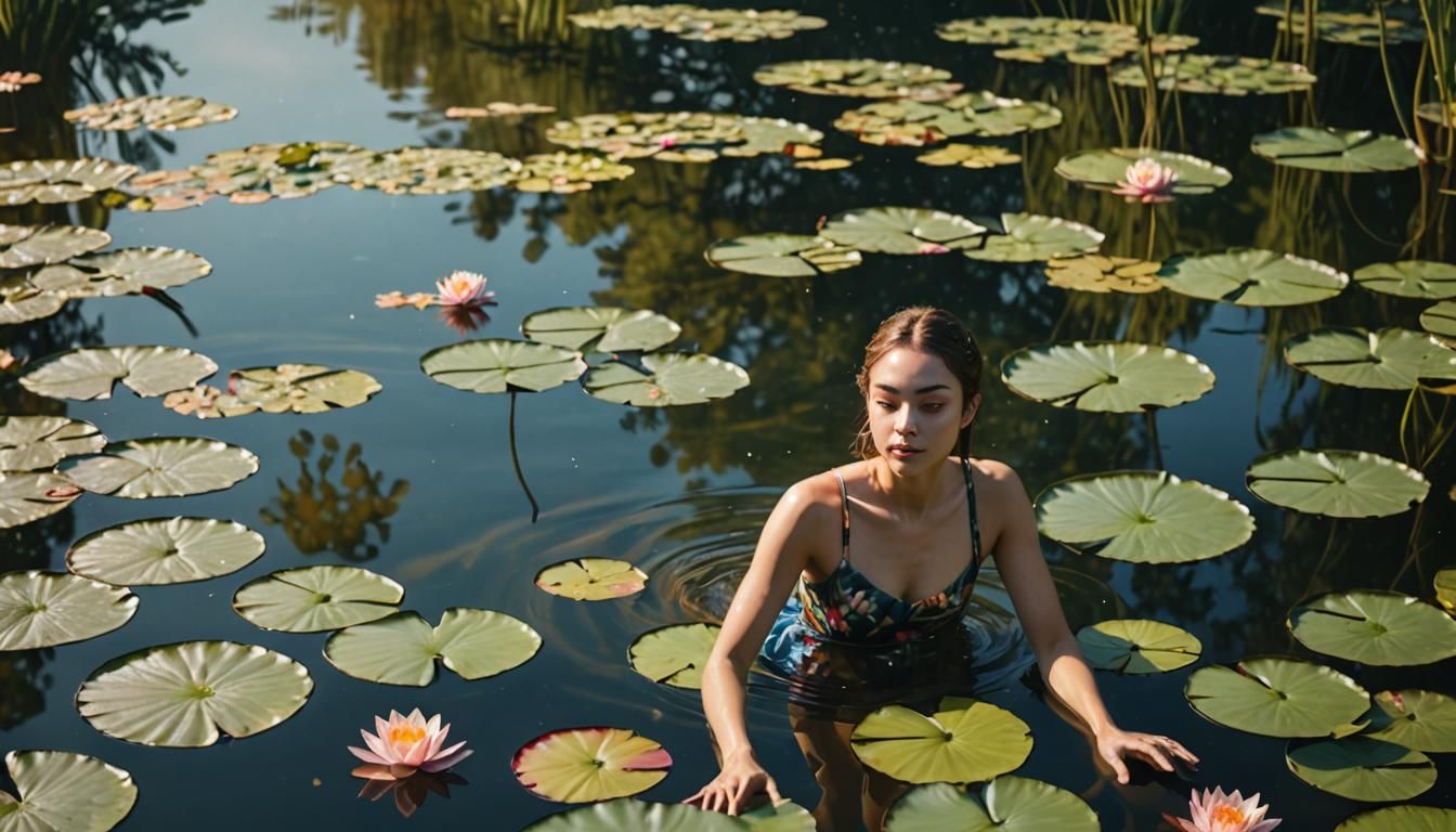 Girl Swimming in Lily Pond: Hyper-Realistic 3D Photography