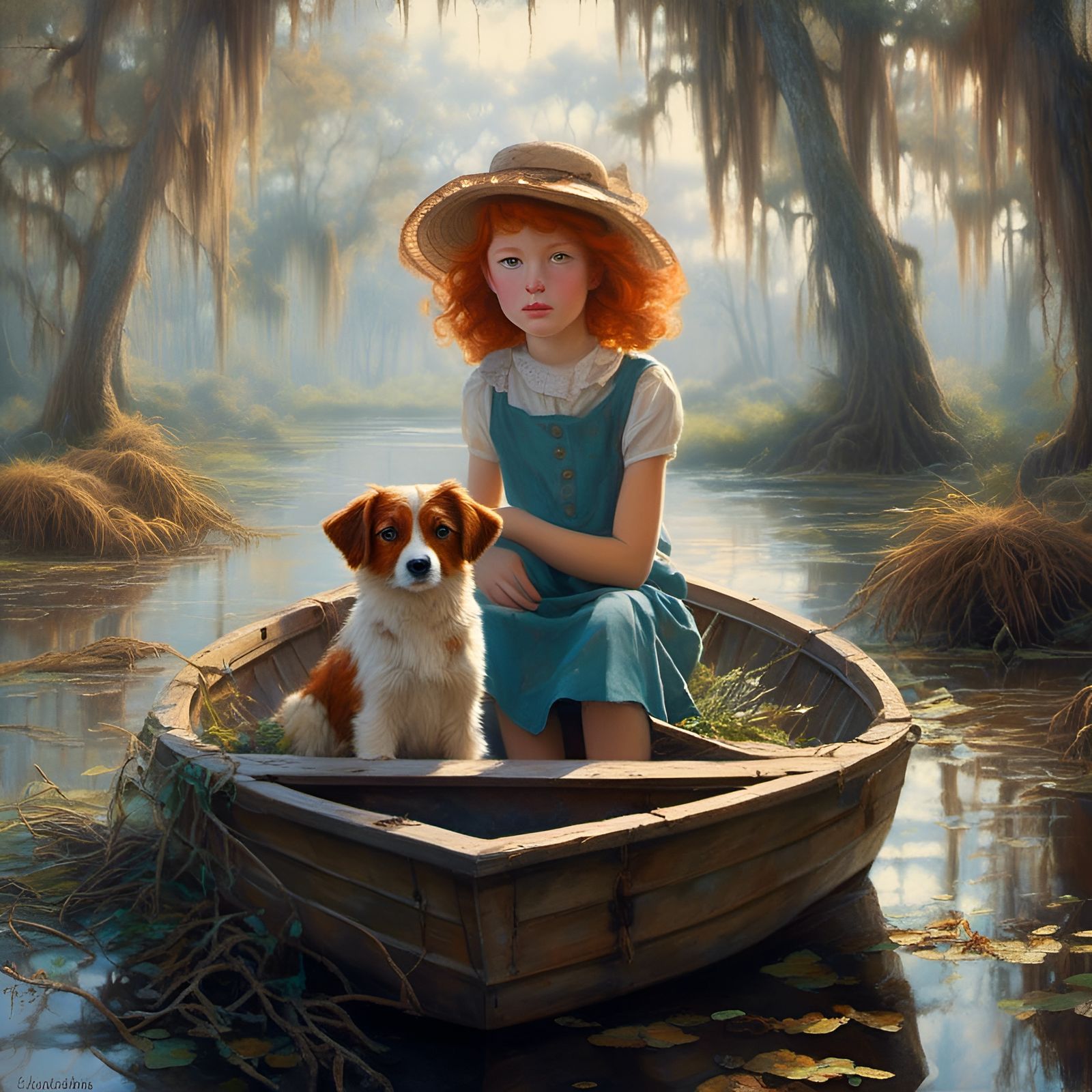 Girl and Dog in Louisiana Swamp Realism