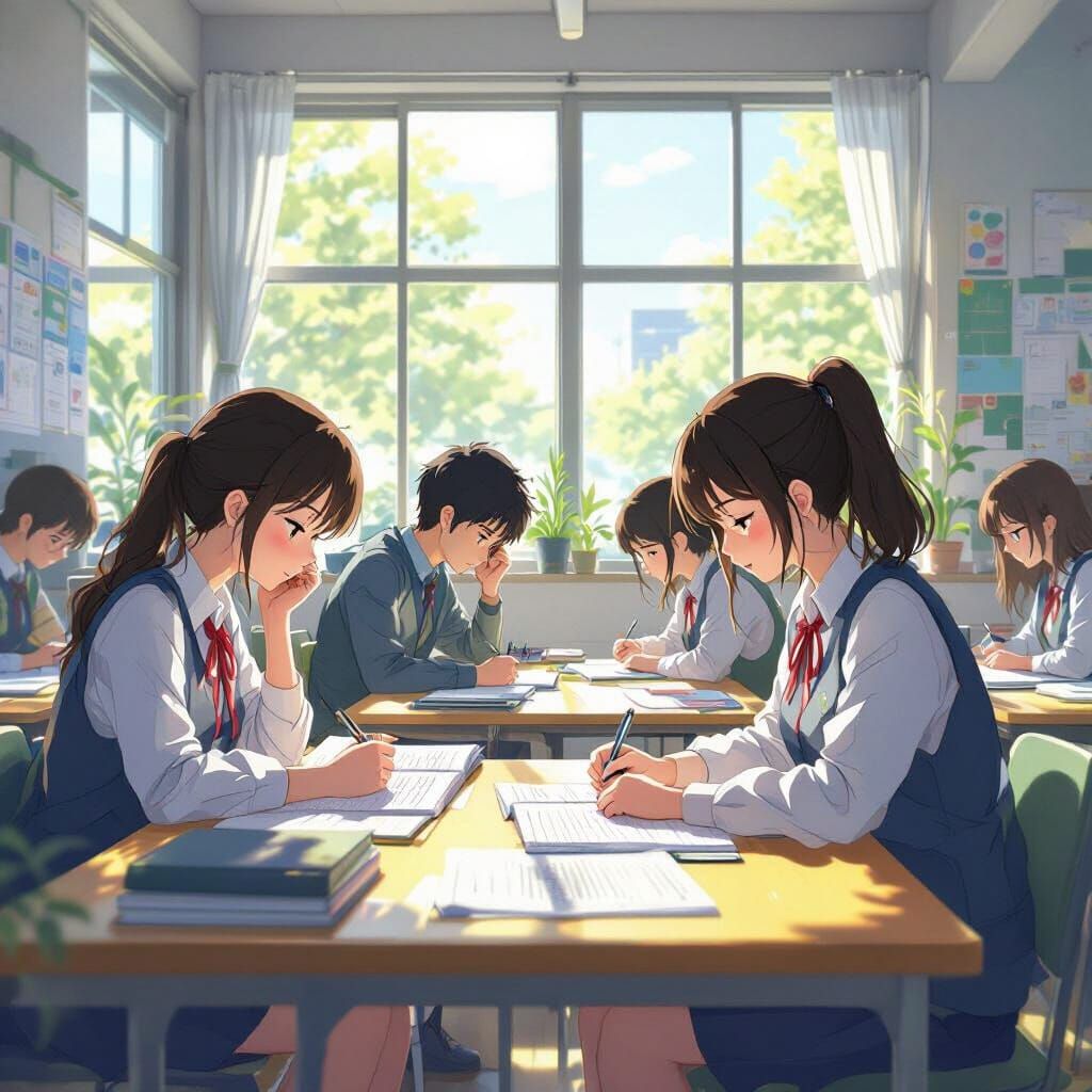 Anime Students Study in Sunlit Classroom