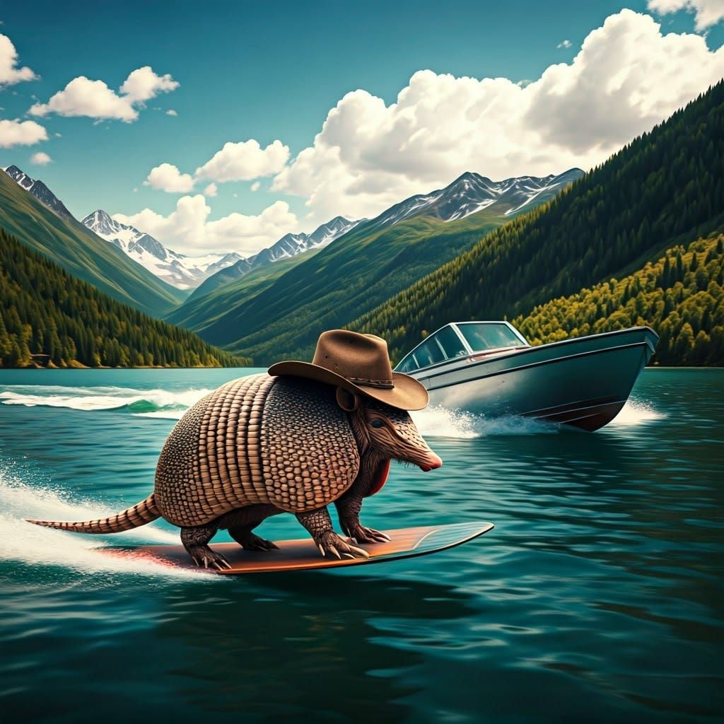 Armadillo Cowboy Wakeboards on Turquoise Lake: 8K Render