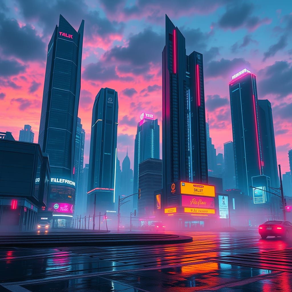 Cyberpunk Cityscape at Dusk
