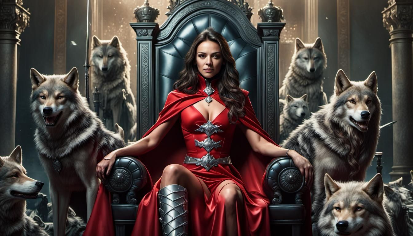 Armored Queen on Throne with Wolves