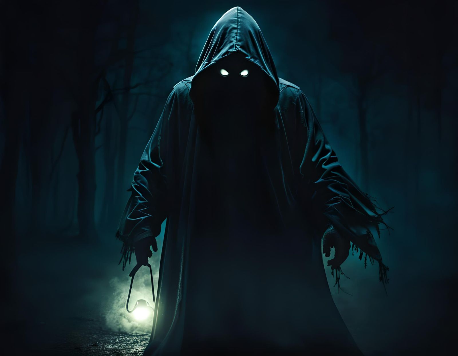 Eerie Hooded Figure in Shadowy Darkness
