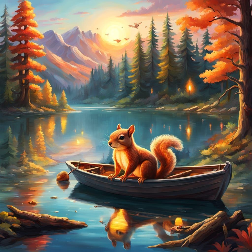 Glowing Squirrel Travels by Boat: Vibrant Oil Painting