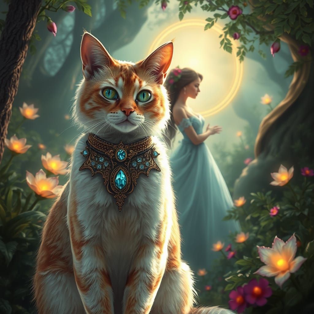 Mystical Cat in Fantasy Realm with Ethereal Couple