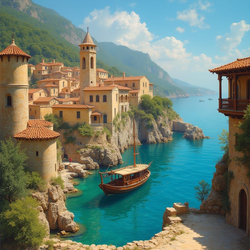 Medieval Sea Port in Earthy Tones