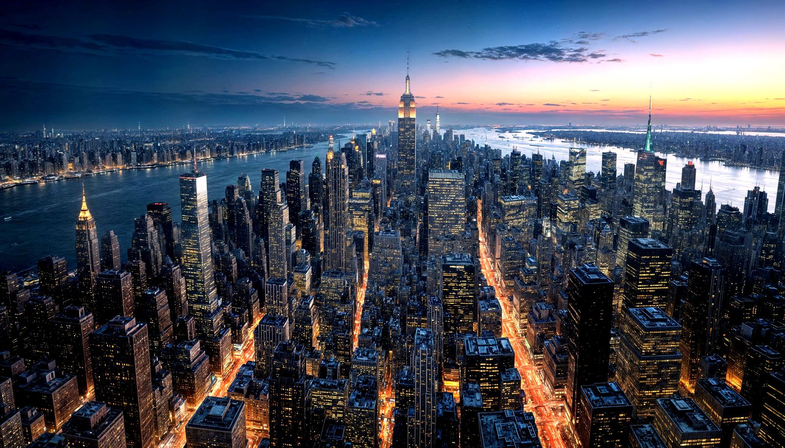 NYC Skyline at Night, Hyperdetailed Lighting