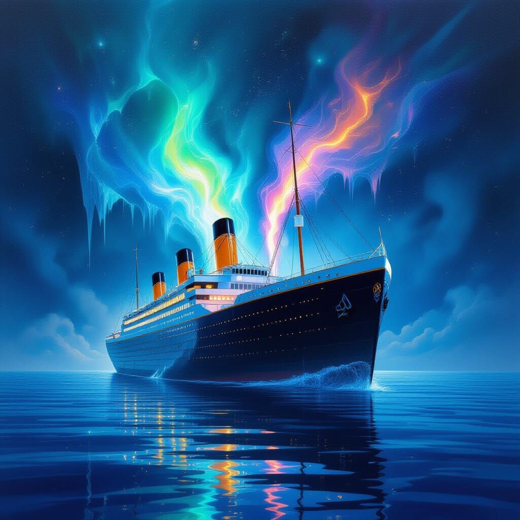 Titanic as Frozen Cathedral Ascending to Aurora Skies