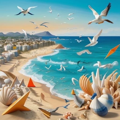Cubist Beach Scene With Ocean and Gulls