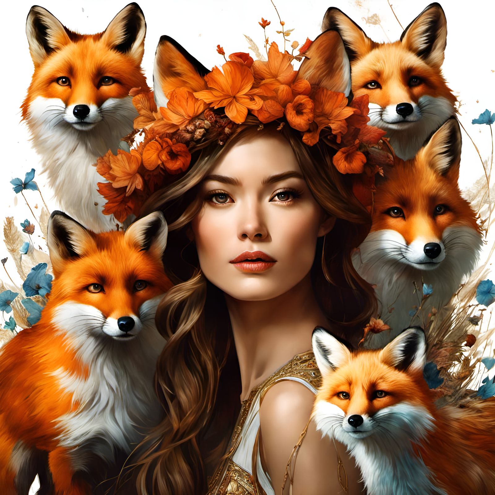 Woman Surrounded by Foxes in Illustrative Style
