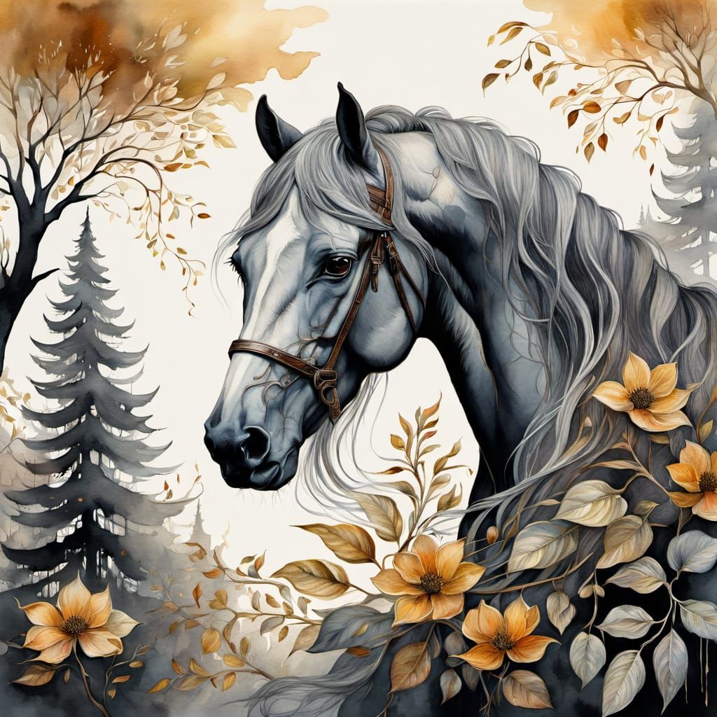 Ethereal Baroque Fantasy: Gray Horse in Whimsical Fall Garde...