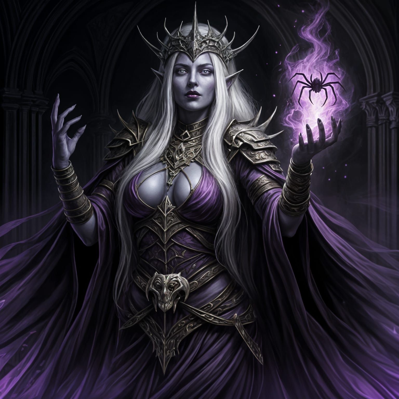 Drow Priestess Summons Spider Familiar in Dark Ritual