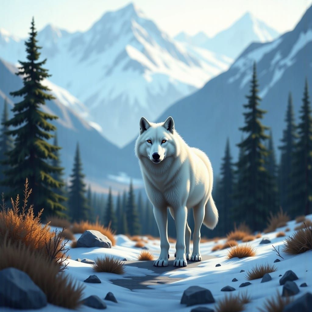 Majestic Arctic Wolf in Alaskan Mountains