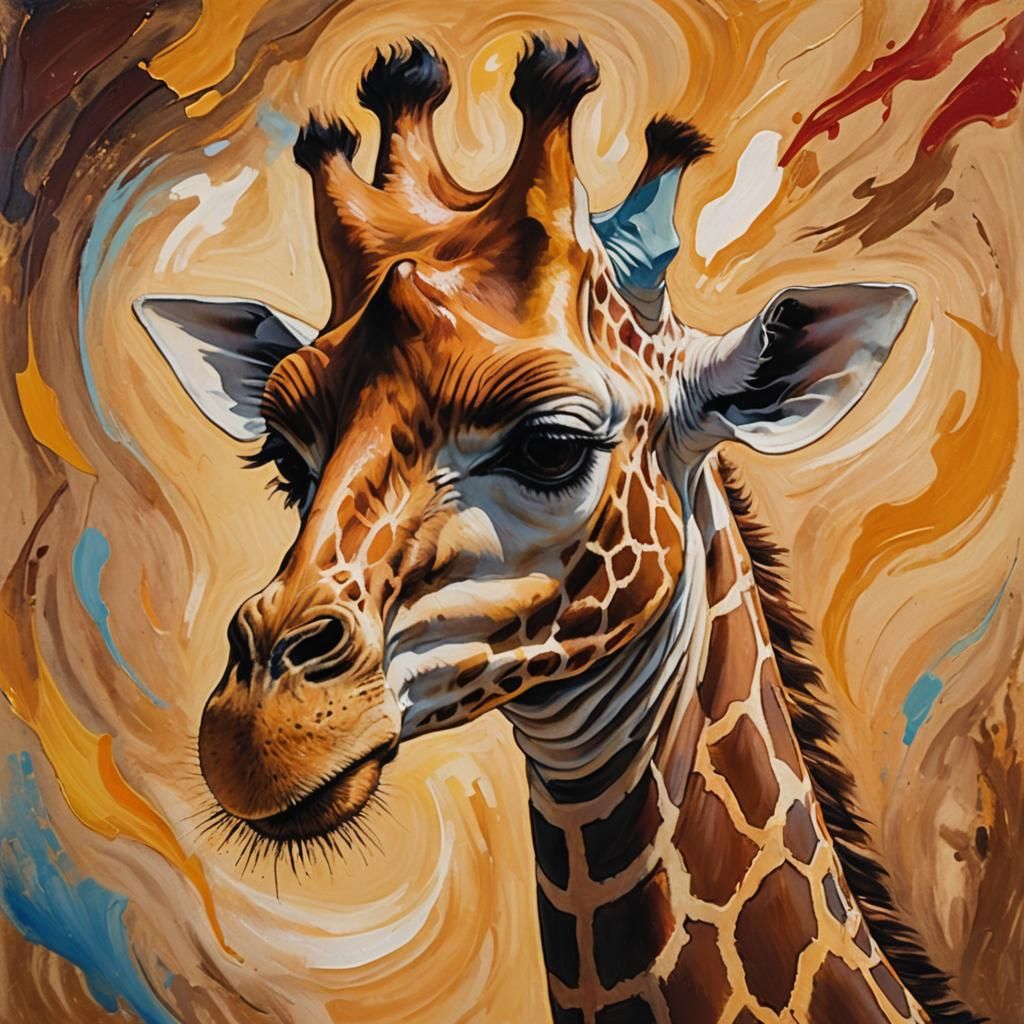 Vibrant Fauvist Portrait of a Giraffe's Head Amidst Brown Su...