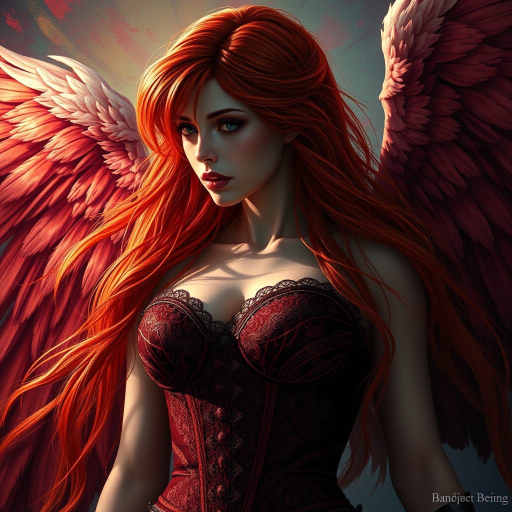 Fallen Angel in Crimson Corset, Hyperrealistic Splash Art