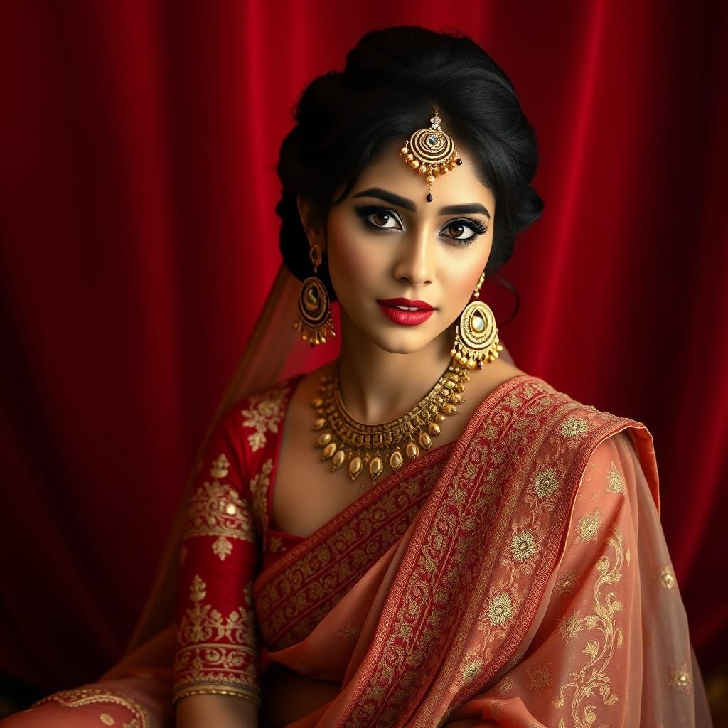 Woman in Vibrant Traditional Attire Against Luxurious Red Ba...