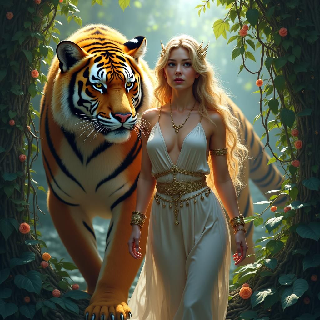 Goddess and Tiger Man in Photorealistic Style