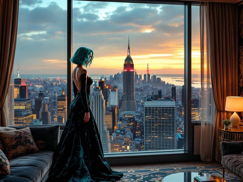 Luxurious New York Penthouse with Opulent Decor and City Sky...