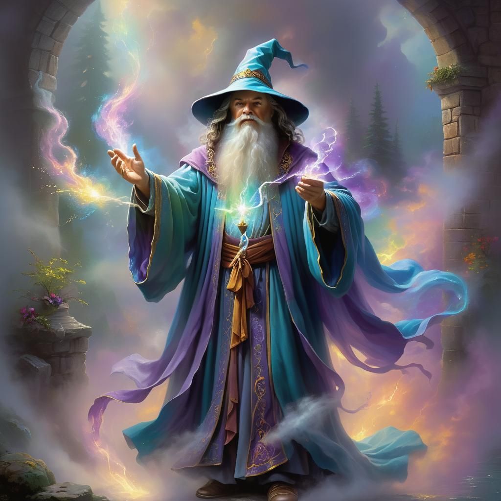 Enigmatic Wizard Casting Vibrant Spell in High Fantasy Art