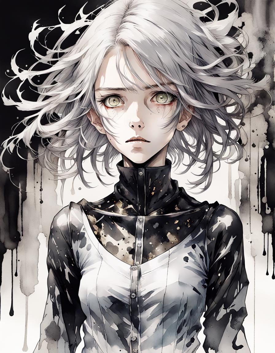 Anime Necromancer Girl Portrait in Ink and Watercolor