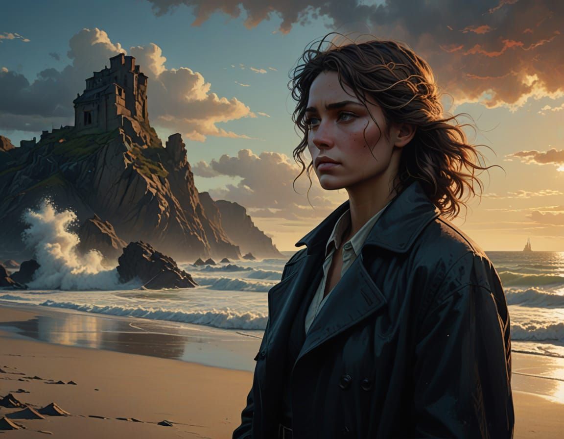 Melancholic Figure on Stormy Beach in Film Noir Style