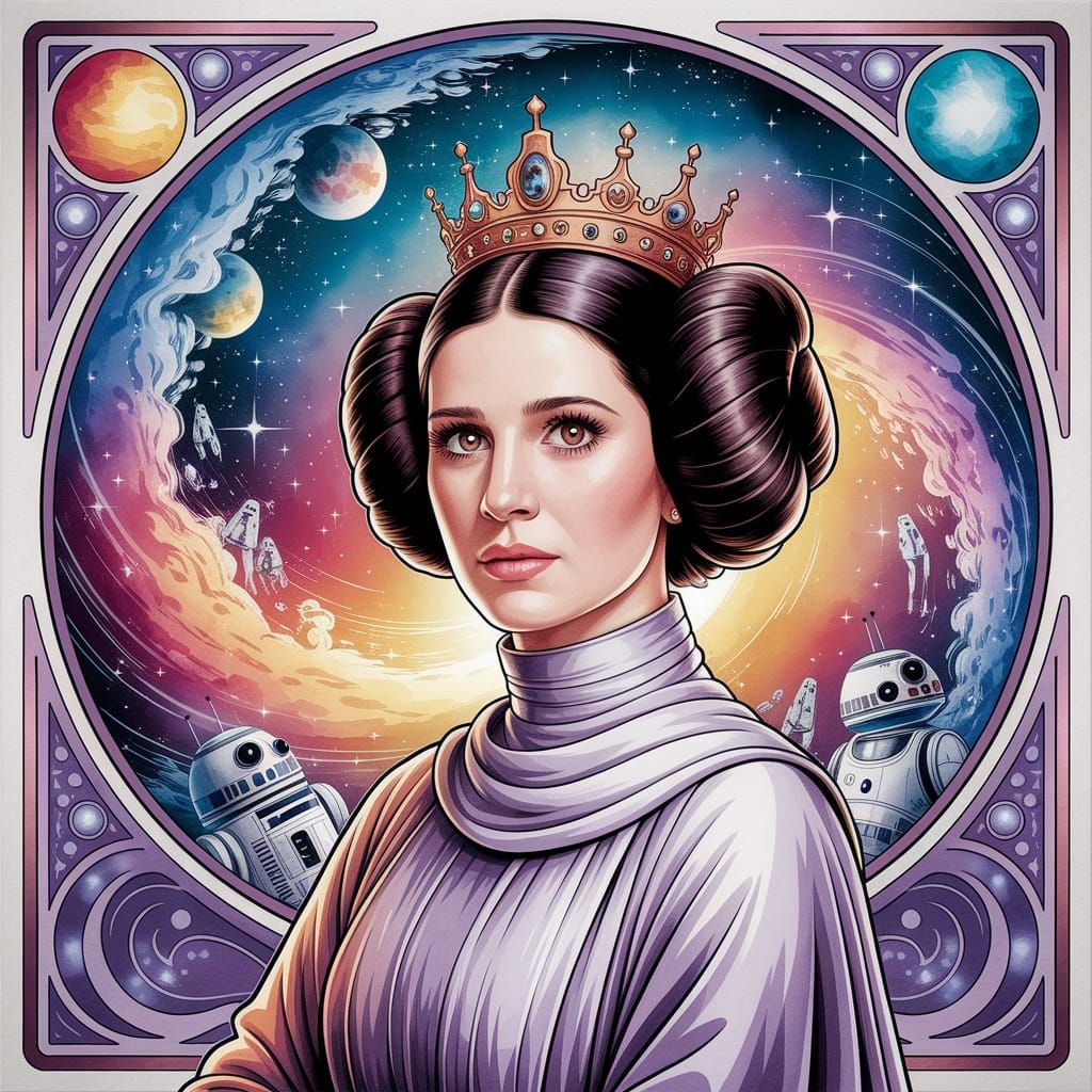 Princess Leia in Whimsical Watercolor Art Nouveau Style
